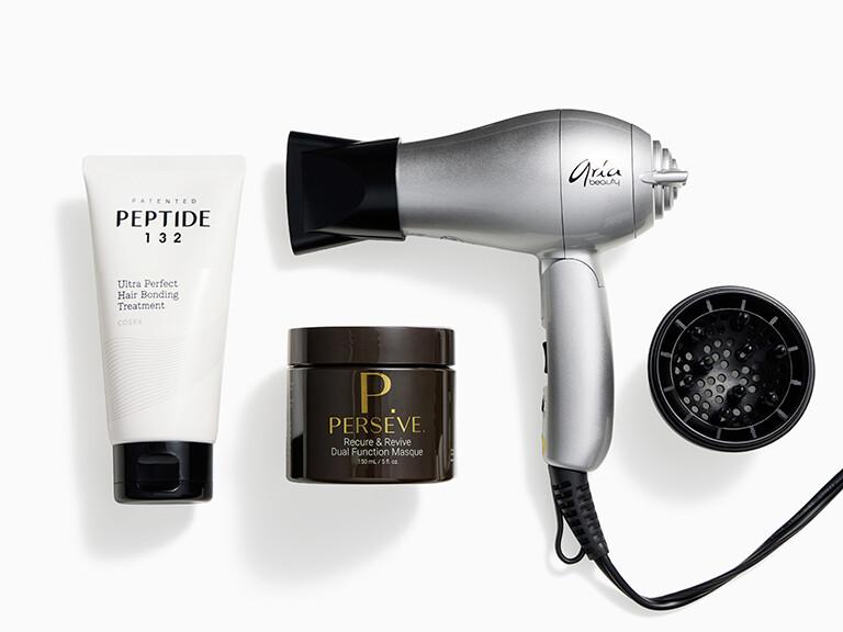 <p>Revive, repair, and style with this powerhouse hair trio that hydrates, bonds, and blow-dries your way to salon-perfect strands anytime, anywhere.</p><br><p><strong>PERSEVE HAIR Recure &amp; Revive Masque Dual-Function Hair Masque 5 oz, Full Size: </strong>A dual-function hydration hair masque that can be used as a leave-in conditioner to reduce flyaways and tame frizz, or as a deep conditioning hair masque for soft, hydrated hair in less than 20 minutes.</p><br><p><strong>ARIA BEAUTY Mini Blow Dryer 1 ct, Full Size: </strong>This compact, lightweight dryer is designed to gently dry your hair while creating a soft, shiny, and healthy look. With two heat settings, negative ion technology, and included mini diffuser and concentrator attachments, it’s perfect for achieving salon-worthy results on the go.</p><br><p><strong>COSRX 132 Ultra Perfect Hair Bonding Treatment 120 ml, Full Size: </strong>COSRX brings its clinical skincare mastery to deep hair recovery. The Peptide-132 Bon