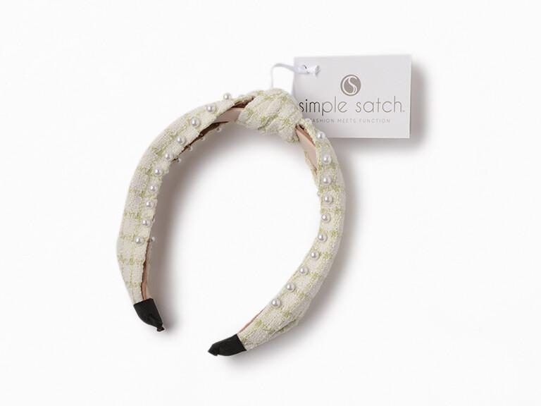 Ivory Plaid & Pearl Headband