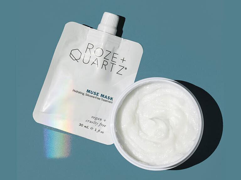 Resized Media/ROZEHTR1049126 Roze Quartz Muse Hair Mask LIFESTYLE Full Size And Sample Size Together Open Jar