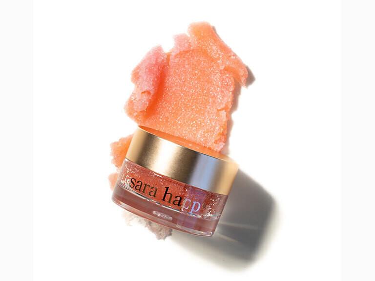Resized Media/SRAHLCR1066807 SaraHapp LipScrub SparklingPeach Full Swatch And Jar